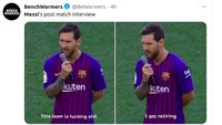 Messi pun disindir akan balik menyalahkan Barcelona. Momen pidato Messi awal musim menjadi bahan olok-oloknya. (Foto: Twitter @Bewarmers)