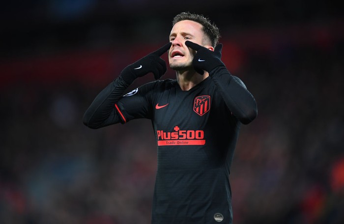 LIVERPOOL, ENGLAND - MARCH 11: Saul Niguez of Atletico Madrid reacts during the UEFA Champions League round of 16 second leg match between Liverpool FC and Atletico Madrid at Anfield on March 11, 2020 in Liverpool, United Kingdom.  (Photo by Laurence Griffiths/Getty Images)