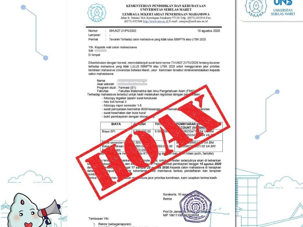 Ada Info Jalur Berbiaya Belasan Juta untuk yang Tak Lolos SBMPTN, UNS: Hoaks! Ada Info Jalur Berbiaya Belasan Juta untuk yang Tak Lolos SBMPTN, UNS: Hoaks!