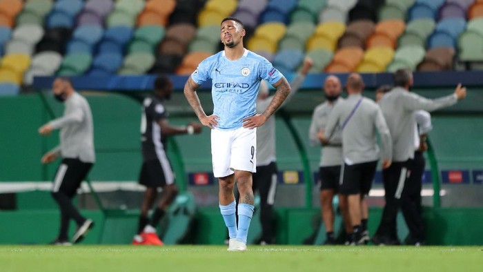 LISBON, PORTUGAL - AUGUST 15: Gabriel Jesus of Manchester City looks dejected during the UEFA Champions League Quarter Final match between Manchester City and Lyon at Estadio Jose Alvalade on August 15, 2020 in Lisbon, Portugal. (Photo by Miguel A. Lopes/Pool via Getty Images)