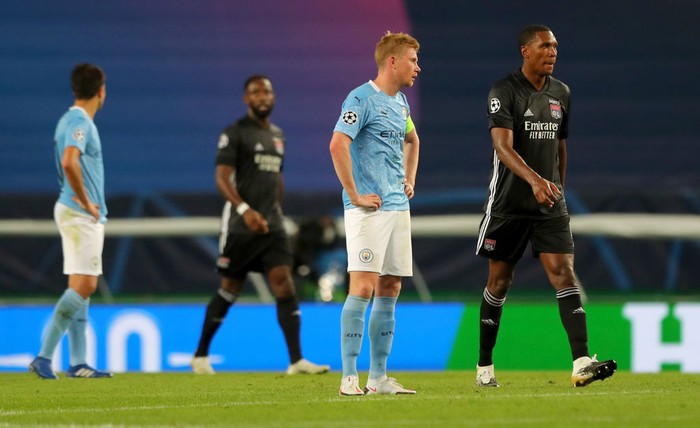 LISBON, PORTUGAL - AUGUST 15: Kevin De Bruyne of Manchester City looks dejected after conceding during the UEFA Champions League Quarter Final match between Manchester City and Lyon at Estadio Jose Alvalade on August 15, 2020 in Lisbon, Portugal. (Photo by Miguel A. Lopes/Pool via Getty Images)