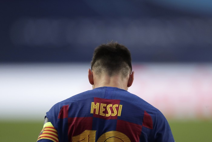 Barcelonas Lionel Messi during the Champions League quarterfinal match between FC Barcelona and Bayern Munich at the Luz stadium in Lisbon, Portugal, Friday, Aug. 14, 2020. Gerard Piqué says Barcelona 