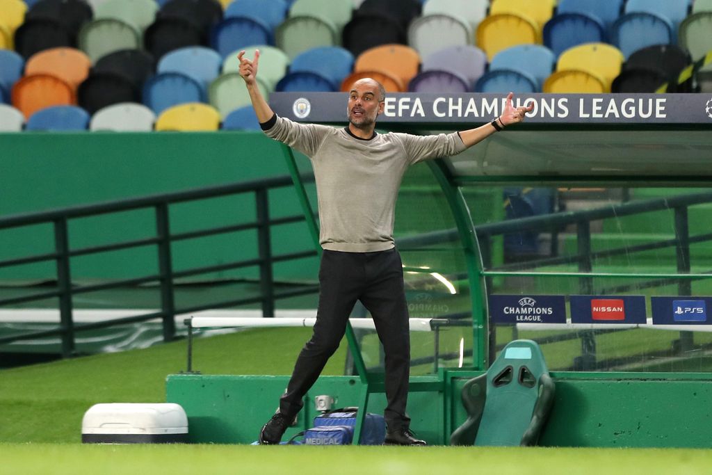 LISBON, PORTUGAL - AUGUST 15: Pep Guardiola, Manager of Manchester City reacts during the UEFA Champions League Quarter Final match between Manchester City and Lyon at Estadio Jose Alvalade on August 15, 2020 in Lisbon, Portugal. (Photo by Miguel A. Lopes/Pool via Getty Images)