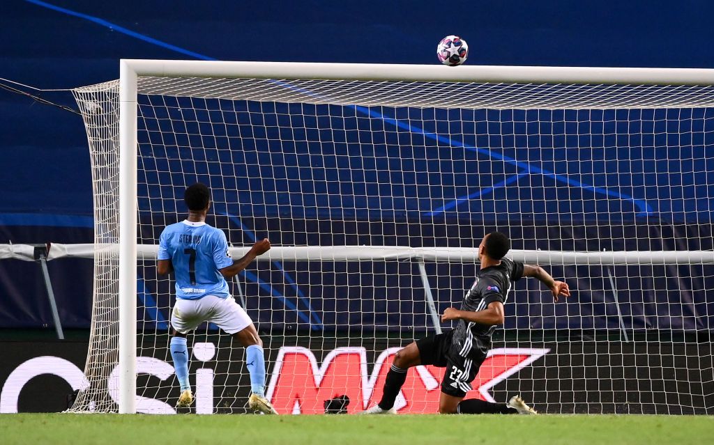 LISBON, PORTUGAL - AUGUST 15: Raheem Sterling of Manchester City misses a chance during the UEFA Champions League Quarter Final match between Manchester City and Lyon at Estadio Jose Alvalade on August 15, 2020 in Lisbon, Portugal. (Photo by Franck Fife/Pool via Getty Images)