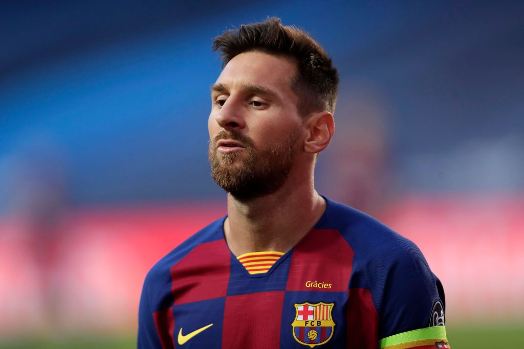 LISBON, PORTUGAL - AUGUST 14: Lionel Messi of FC Barcelona looks on during the UEFA Champions League Quarter Final match between Barcelona and Bayern Munich at Estadio do Sport Lisboa e Benfica on August 14, 2020 in Lisbon, Portugal. (Photo by Manu Fernandez/Pool via Getty Images)