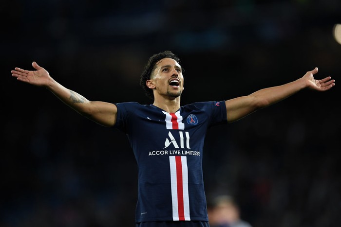 MADRID, SPAIN - NOVEMBER 26: Marquinhos of Paris Saint-Germain celebrates at the end of the UEFA Champions League group A match between Real Madrid and Paris Saint-Germain at Bernabeu on November 26, 2019 in Madrid, Spain. (Photo by David Ramos/Getty Images)
