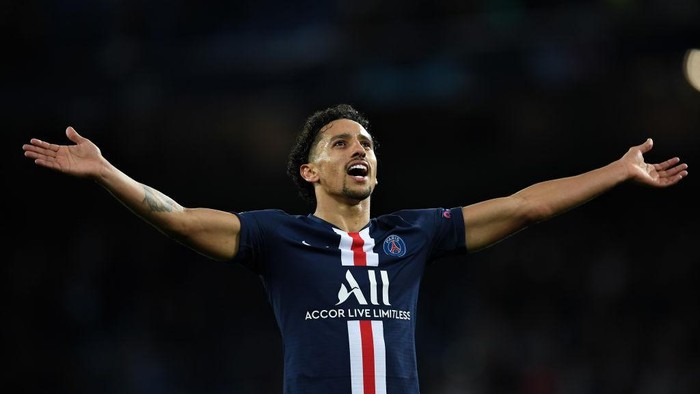 MADRID, SPAIN - NOVEMBER 26: Marquinhos of Paris Saint-Germain celebrates at the end of the UEFA Champions League group A match between Real Madrid and Paris Saint-Germain at Bernabeu on November 26, 2019 in Madrid, Spain. (Photo by David Ramos/Getty Images)