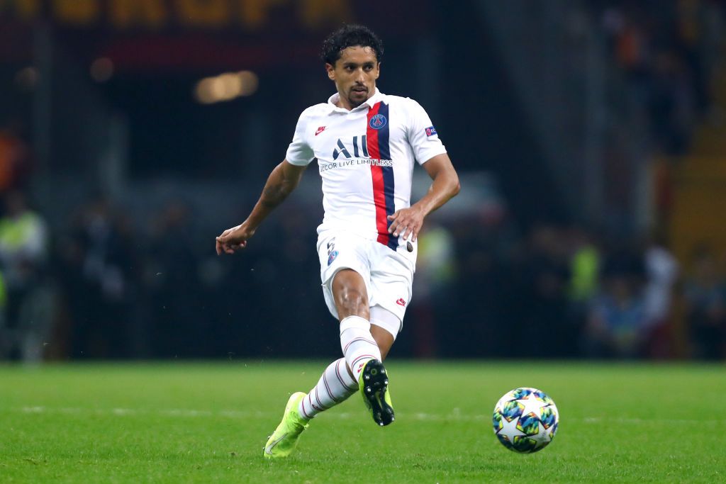 MADRID, SPAIN - NOVEMBER 26: Marquinhos of Paris Saint-Germain celebrates at the end of the UEFA Champions League group A match between Real Madrid and Paris Saint-Germain at Bernabeu on November 26, 2019 in Madrid, Spain. (Photo by David Ramos/Getty Images)