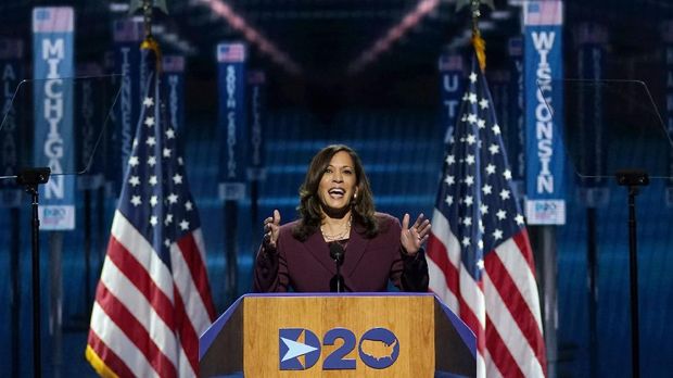 Democratic vice presidential candidate Sen. Kamala Harris, D-Calif., speaks during the third day of the Democratic National Convention, Wednesday, Aug. 19, 2020, at the Chase Center in Wilmington, Del. (AP Photo/Carolyn Kaster)