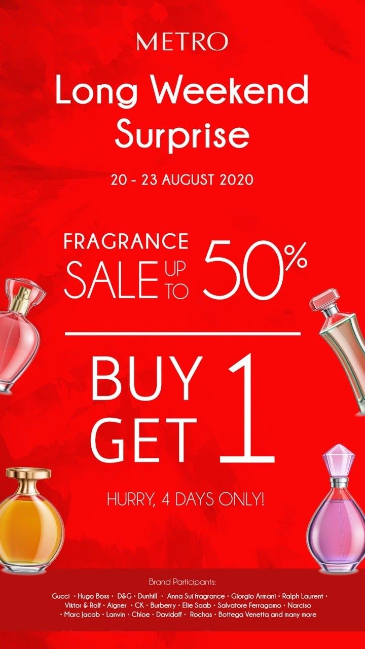 Promo sale diskon hingga 50% dan pembelian buy 1 get 1 parfum bisa kamu dapatkan di Metro Department Store.