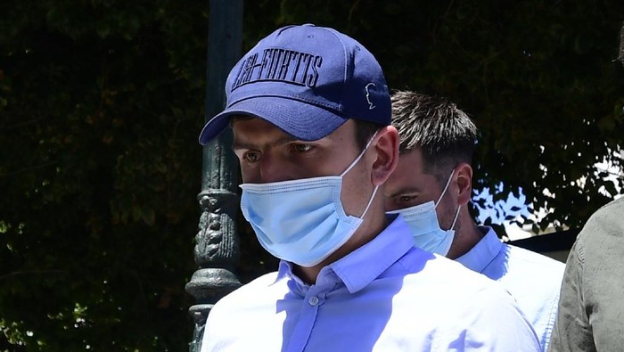England soccer player Harry Maguire leaves a court building on the Aegean island of Syros, Greece, on Saturday, Aug. 22, 2020. The Manchester United captain was arrested during a brawl on the neighbouring holiday island of Mykonos. (AP Photo/Michael Varaklas)