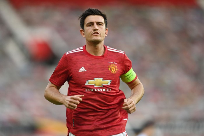 MANCHESTER, ENGLAND - AUGUST 05: Harry Maguire of Manchester United in action during the UEFA Europa League round of 16 second leg match between Manchester United and LASK at Old Trafford on August 05, 2020 in Manchester, England. (Photo by Michael Regan/Getty Images)
