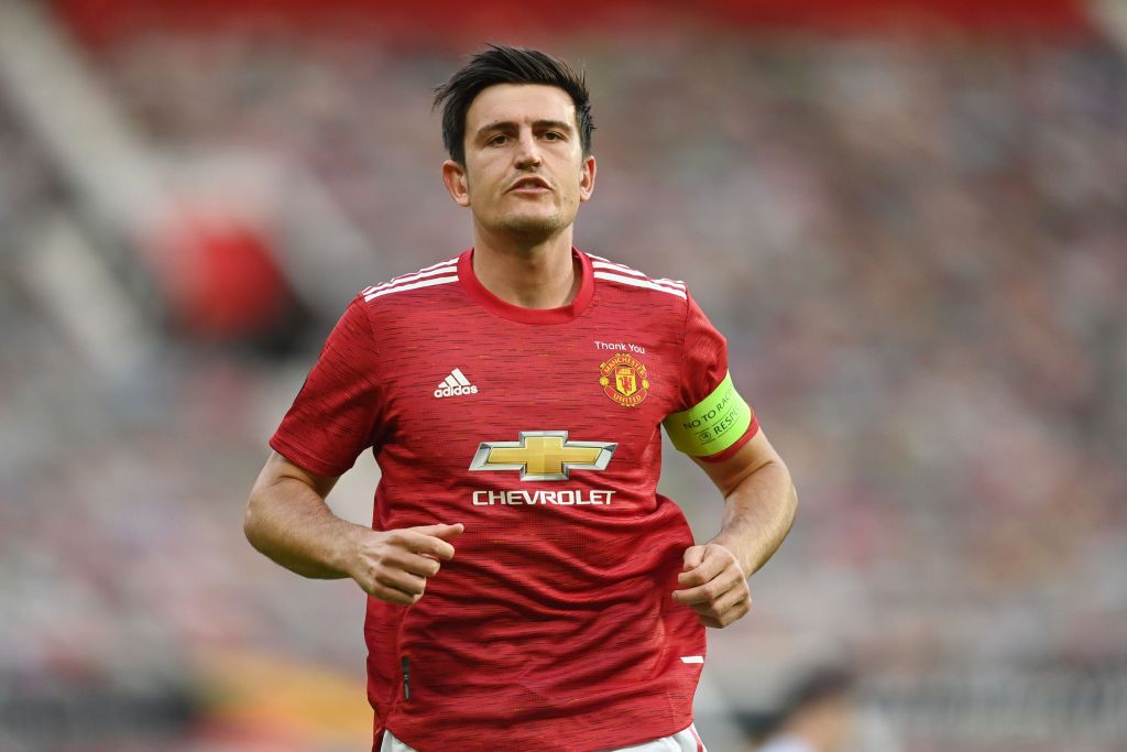 MANCHESTER, ENGLAND - AUGUST 05: Harry Maguire of Manchester United in action during the UEFA Europa League round of 16 second leg match between Manchester United and LASK at Old Trafford on August 05, 2020 in Manchester, England. (Photo by Michael Regan/Getty Images)