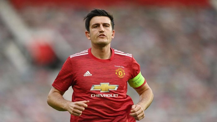 MANCHESTER, ENGLAND - AUGUST 05: Harry Maguire of Manchester United in action during the UEFA Europa League round of 16 second leg match between Manchester United and LASK at Old Trafford on August 05, 2020 in Manchester, England. (Photo by Michael Regan/Getty Images)