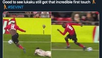 Tak sedikit yang mengolok-olok sentuhan pertama Romelu Lukaku, yang sedari dulu memang acapkali jadi sasaran cibiran. (Foto: internet/Twitter)