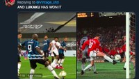 Gol bunuh diri Lukaku disamakan dengan gol Ole Gunnar Solskjaer yang sama-sama krusial. Tapi gol Ole bukanlah gol bunuh diri. (Foto: internet/Twitter)