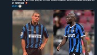 Lukaku bikin Inter unggul cepat di menit kelima. Itu jadi gol ke-34 Lukaku dalam musim perdananya di Inter, menyamai rekor Ronaldo asal Brasil. (Foto: internet/Twitter)