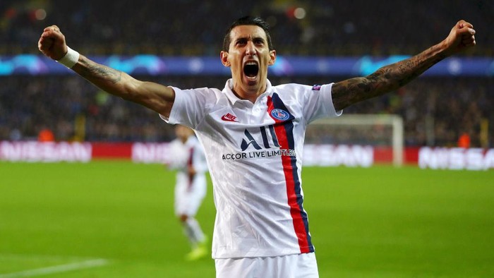 Angel Di Maria BRUGGE, BELGIUM - OCTOBER 22: Angel Di Maria of Paris Saint-Germain celebrates after Kylian Mbappe of Paris Saint-Germain scores his teams second goal during the UEFA Champions League group A match between Club Brugge KV and Paris Saint-Germain at Jan Breydel Stadium on October 22, 2019 in Brugge, Belgium. (Photo by Dean Mouhtaropoulos/Getty Images)