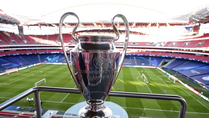 The Champions League trophy is displayed on the stands during during a training session of PSG at the Luz stadium in Lisbon, Saturday Aug. 22, 2020. PSG will play Bayern Munich in the Champions League final soccer match on Sunday. AP Photo/Manu Fernandez, Pool)