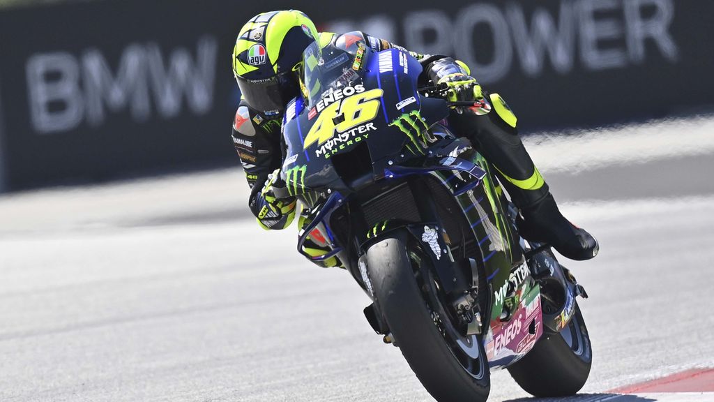 Monster Energy Yamaha Team's Italian rider Valentino Rossi rides during the fourth practice session ahead of the MotoGP Styrian Grand Prix on August 22, 2020 at Red Bull Ring circuit in Spielberg bei Knittelfeld, Austria. (Photo by JOE KLAMAR / AFP)