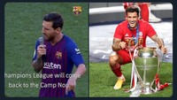 Pidato Messi yang bertekad membawa kembali trofi Liga Champions pun disindir setelah Coutinho si pemain pinjaman malah juara di klub lain. (Foto: internet/Twitter)