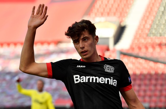 LEVERKUSEN, GERMANY - AUGUST 06: Kai Havertz of Bayer Leverkusen reacts during the UEFA Europa League round of 16 second leg match between Bayer 04 Leverkusen and Rangers FC at BayArena on August 06, 2020 in Leverkusen, Germany.  (Photo by Martin Meissner/Pool via Getty Images)