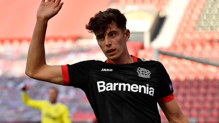 LEVERKUSEN, GERMANY - AUGUST 06: Kai Havertz of Bayer Leverkusen reacts during the UEFA Europa League round of 16 second leg match between Bayer 04 Leverkusen and Rangers FC at BayArena on August 06, 2020 in Leverkusen, Germany.  (Photo by Martin Meissner/Pool via Getty Images)