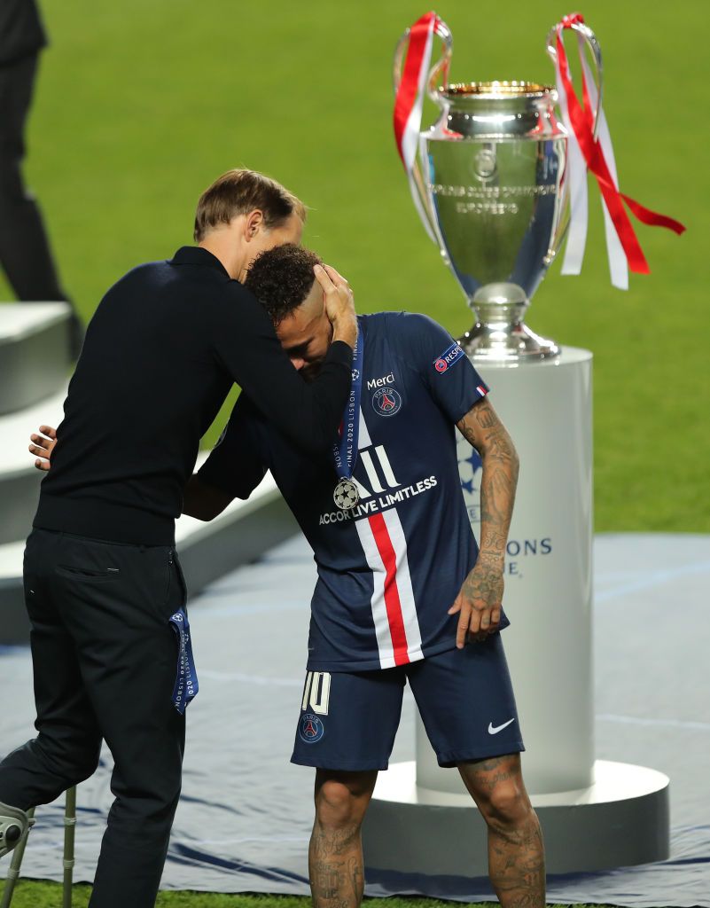 LISBON, PORTUGAL - AUGUST 23: Neymar of Paris Saint-Germain looks on during the UEFA Champions League Final match between Paris Saint-Germain and Bayern Munich at Estadio do Sport Lisboa e Benfica on August 23, 2020 in Lisbon, Portugal. (Photo by David Ramos/Getty Images)
