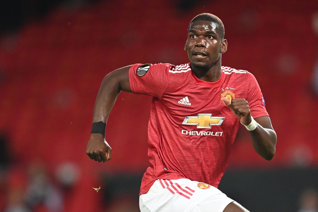 MANCHESTER, ENGLAND - AUGUST 05: Paul Pogba of Manchester United in action during the UEFA Europa League round of 16 second leg match between Manchester United and LASK at Old Trafford on August 05, 2020 in Manchester, England. (Photo by Michael Regan/Getty Images)