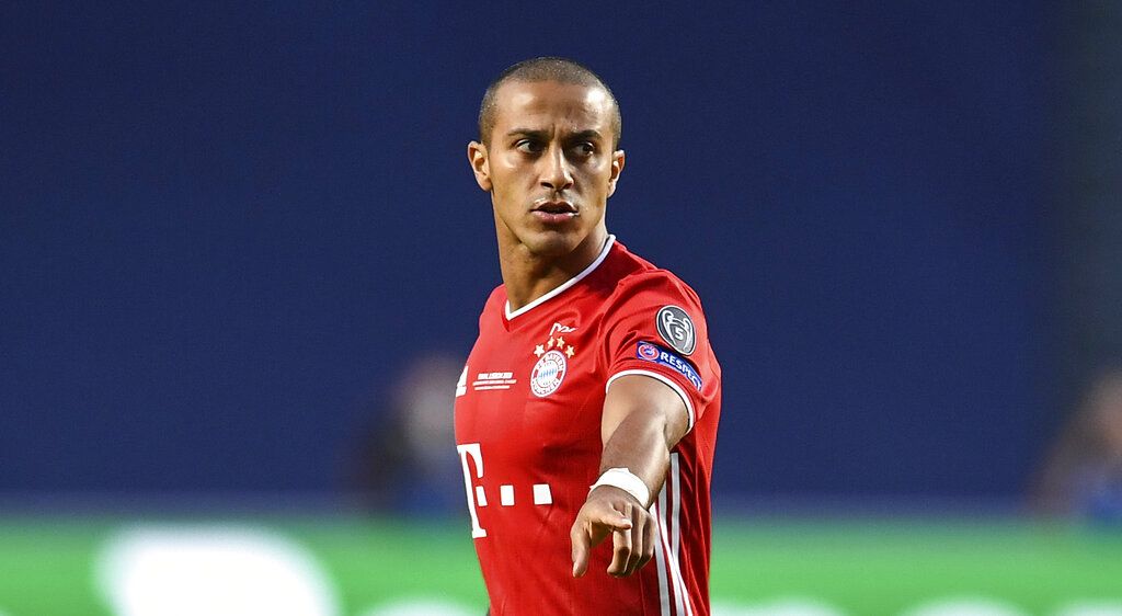 Bayern's Thiago reacts during the Champions League final soccer match between Paris Saint-Germain and Bayern Munich at the Luz stadium in Lisbon, Portugal, Sunday, Aug. 23, 2020. (David Ramos/Pool via AP)
