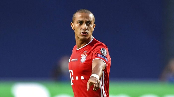Bayerns Thiago reacts during the Champions League final soccer match between Paris Saint-Germain and Bayern Munich at the Luz stadium in Lisbon, Portugal, Sunday, Aug. 23, 2020. (David Ramos/Pool via AP)