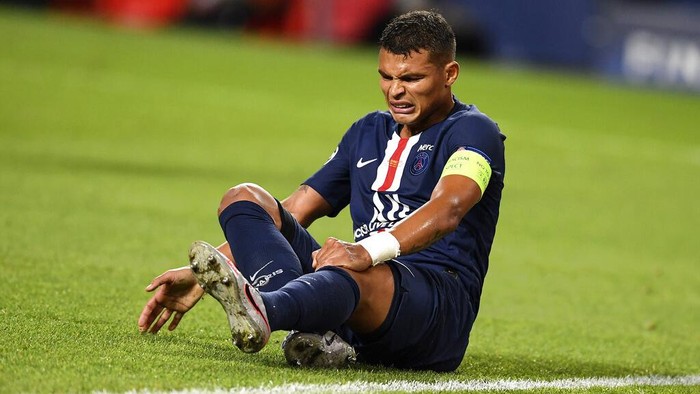 PSGs Thiago Silva reacts on the ground during the Champions League final soccer match between Paris Saint-Germain and Bayern Munich at the Luz stadium in Lisbon, Portugal, Sunday, Aug. 23, 2020. (David Ramos/Pool via AP)
