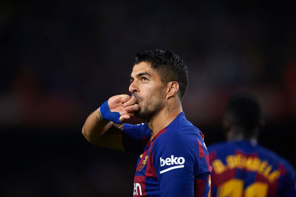 BARCELONA, SPAIN - OCTOBER 06: Luis Suarez of FC Barcelona cel during the Liga match between FC Barcelona and Sevilla FC at Camp Nou on October 06, 2019 in Barcelona, Spain. (Photo by Aitor Alcalde/Getty Images)