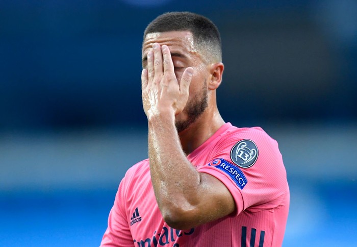 MANCHESTER, ENGLAND - AUGUST 07: Eden Hazard of Real Madrid reacts during the UEFA Champions League round of 16 second leg match between Manchester City and Real Madrid at Etihad Stadium on August 07, 2020 in Manchester, England. (Photo by Peter Powell/Pool via Getty Images)