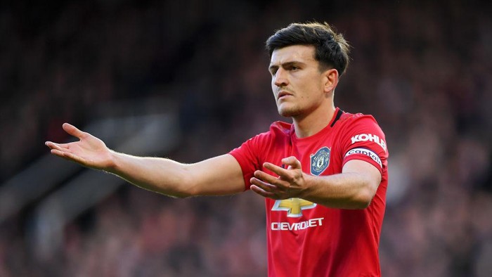 MANCHESTER, ENGLAND - MARCH 08: Harry Maguire of Manchester United reacts during the Premier League match between Manchester United and Manchester City at Old Trafford on March 08, 2020 in Manchester, United Kingdom. (Photo by Laurence Griffiths/Getty Images)