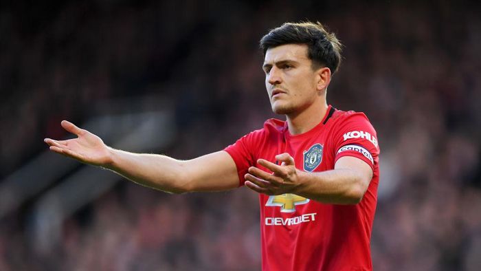 Harry Maguire MANCHESTER, ENGLAND - MARCH 08: Harry Maguire of Manchester United reacts during the Premier League match between Manchester United and Manchester City at Old Trafford on March 08, 2020 in Manchester, United Kingdom. (Photo by Laurence Griffiths/Getty Images)