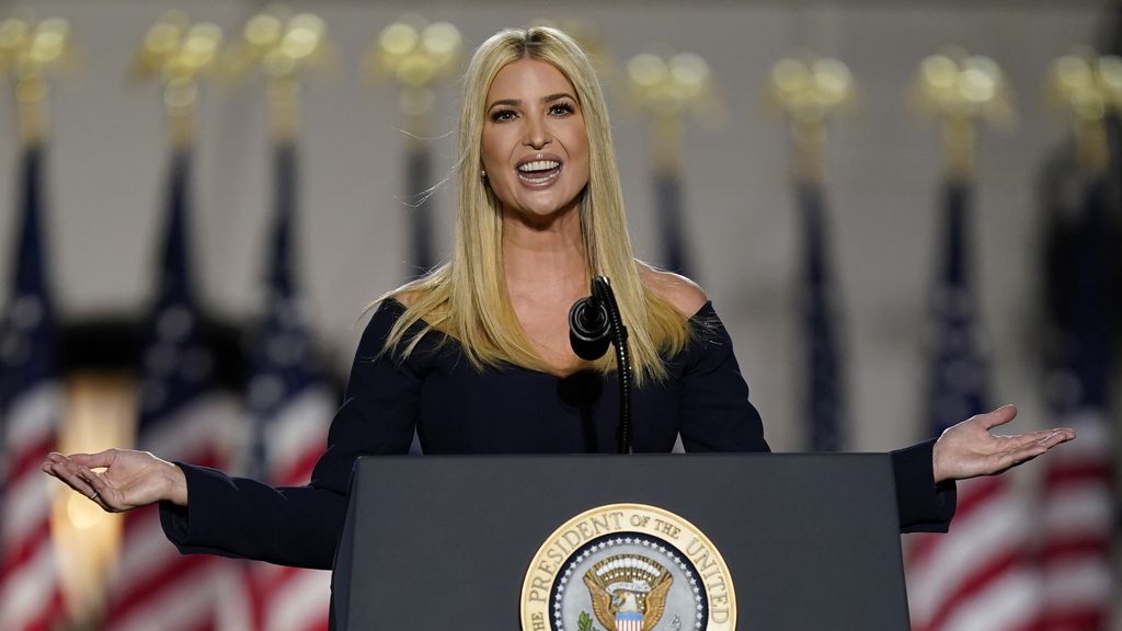 Ivanka Trump speaks to introduce President Donald Trump from the South Lawn of the White House on the fourth day of the Republican National Convention, Thursday, Aug. 27, 2020, in Washington. (Doug Mills/The New York Times via AP, Pool)