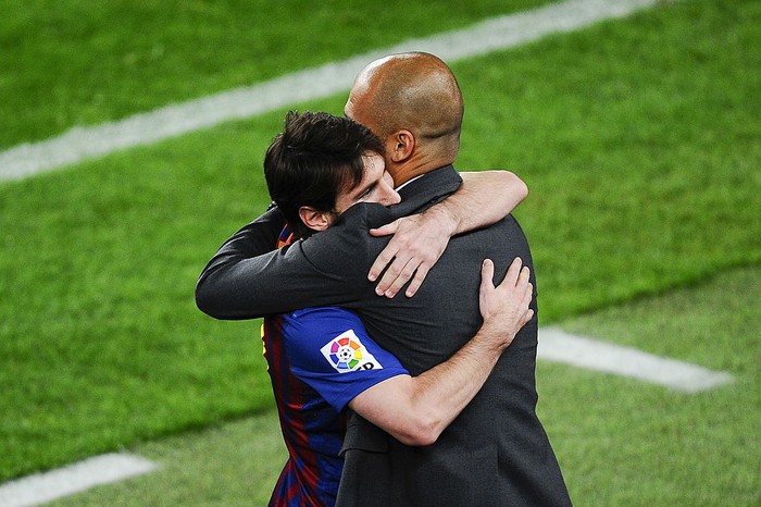 Pep Guardiola BARCELONA, SPAIN - MAY 05: Lionel Messi of FC Barcelona (R) hugs his Head coach Josep Guardiola of FC Barcelona after scoring his team's third goal during the La Liga match between FC Barcelona and RCD Espanyol at Camp Nou on May 5, 2012 in Barcelona, Spain. This is the last match as head coach of FC Barcelona for Josep Guardiola at the Camp Nou Stadium. (Photo by David Ramos/Getty Images)