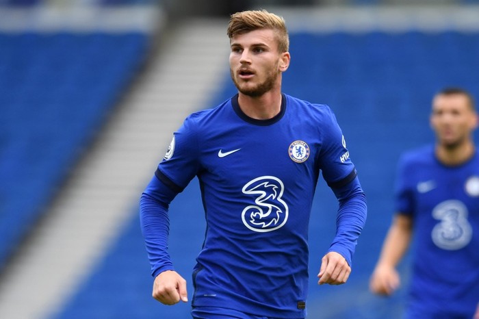 Chelseas German striker Timo Werner is pictured during the pre-season friendly football match between Brighton and Hove Albion and Chelsea at the American Express Community Stadium in Brighton, southern England on August 29, 2020. - The game is a pilot event where a small number of fans will be present on a socially-distanced basis. The aim is to get fans back into stadiums in the Premier League by October. (Photo by Glyn KIRK / AFP)