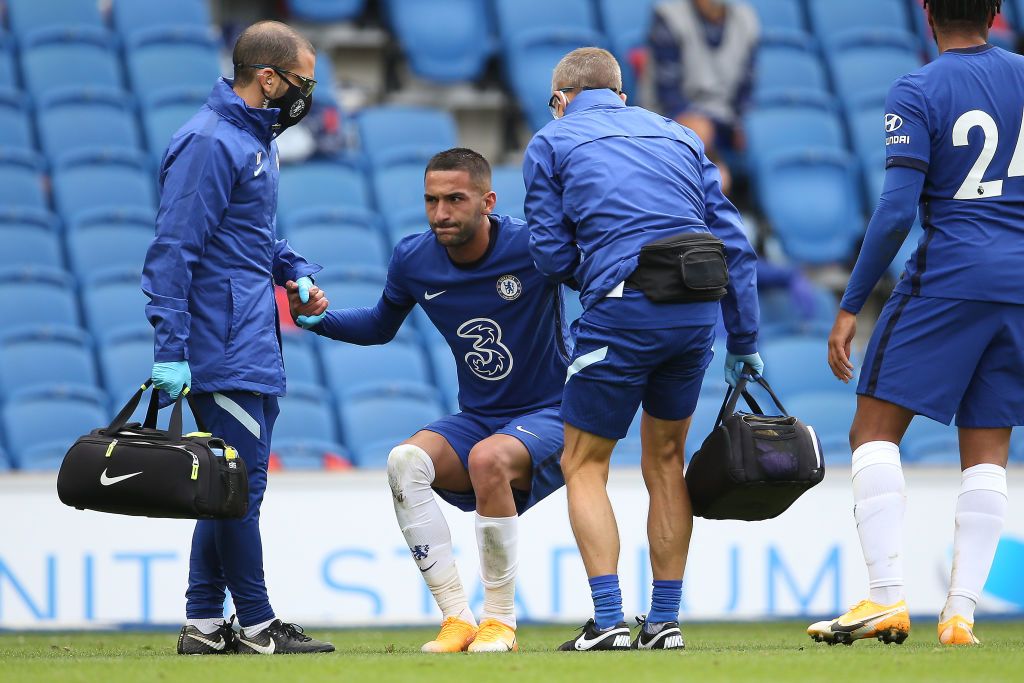 BRIGHTON, ENGLAND - AUGUST 29: Hakim Ziyech of Chelsea receives treatment during the pre-season friendly match at Amex Stadium on August 29, 2020 in Brighton, England. A limited number of spectators will be in attendance as covid 19 pandemic restrictions are eased. (Photo by Steve Bardens/Getty Images)