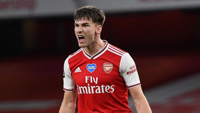 LONDON, ENGLAND - JULY 15:  Kieran Tierney of Arsenal reacts during the Premier League match between Arsenal FC and Liverpool FC at Emirates Stadium on July 15, 2020 in London, England. Football Stadiums around Europe remain empty due to the Coronavirus Pandemic as Government social distancing laws prohibit fans inside venues resulting in all fixtures being played behind closed doors. (Photo by Shaun Botterill/Getty Images)
