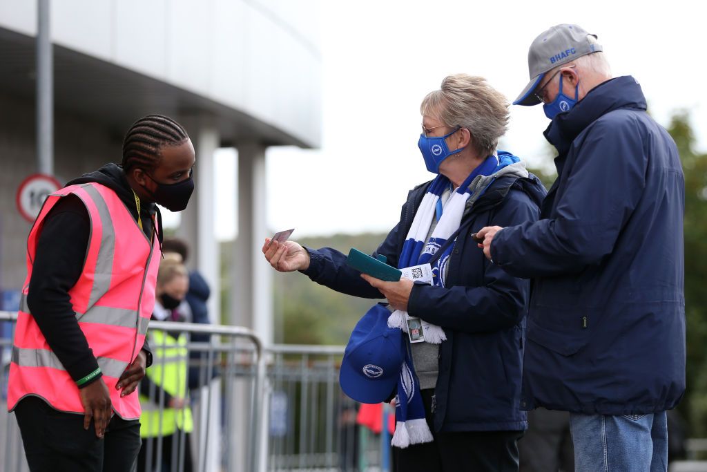 BRIGHTON, ENGLAND - AUGUST 29: General view inside the stadium as fans return as part of a pilot event following the coronavirus pandemic during the pre-season friendly between Brighton & Hove Albion and Chelsea  at Amex Stadium on August 29, 2020 in Brighton, England. (Photo by Steve Bardens/Getty Images)