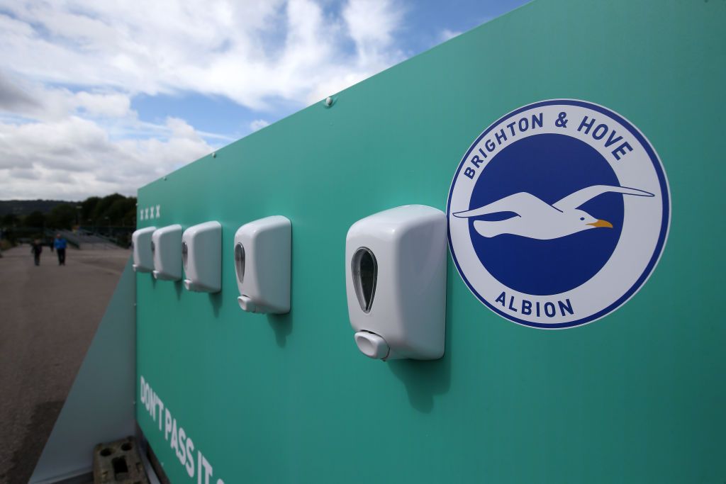 BRIGHTON, ENGLAND - AUGUST 29: General view inside the stadium as fans return as part of a pilot event following the coronavirus pandemic during the pre-season friendly between Brighton & Hove Albion and Chelsea  at Amex Stadium on August 29, 2020 in Brighton, England. (Photo by Steve Bardens/Getty Images)