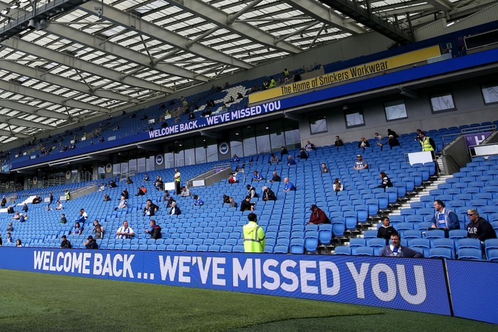 BRIGHTON, ENGLAND - AUGUST 29: General view inside the stadium as fans return as part of a pilot event following the coronavirus pandemic during the pre-season friendly between Brighton & Hove Albion and Chelsea  at Amex Stadium on August 29, 2020 in Brighton, England. (Photo by Steve Bardens/Getty Images)