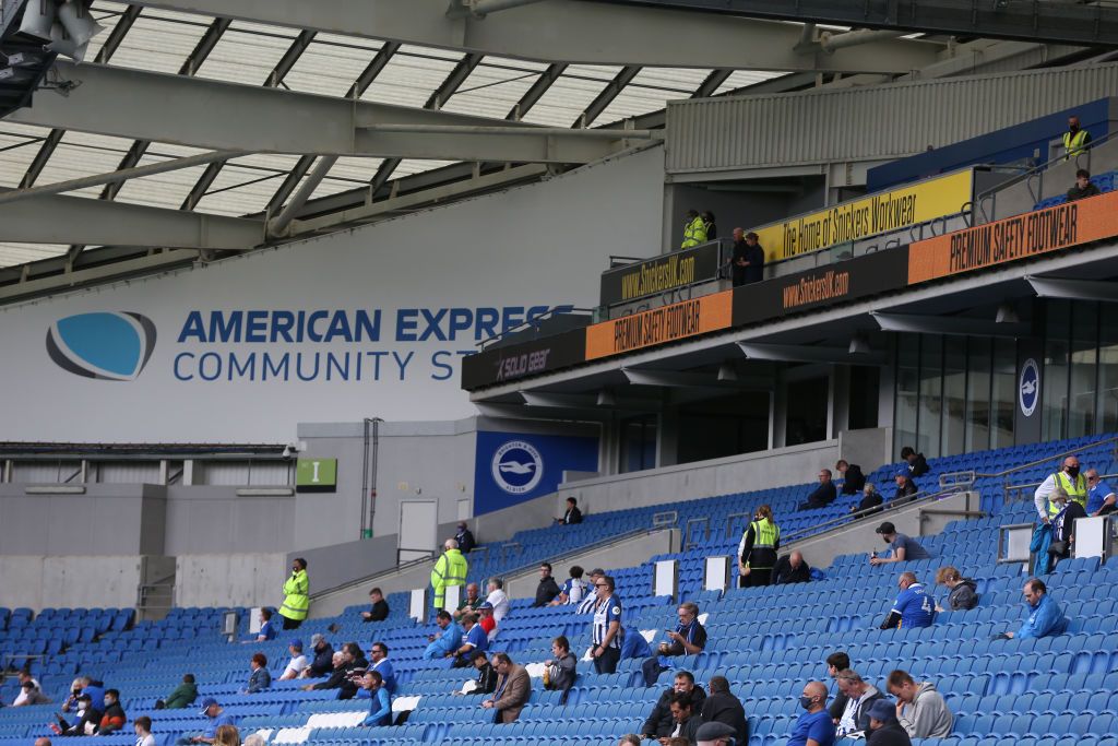 BRIGHTON, ENGLAND - AUGUST 29: General view inside the stadium as fans return as part of a pilot event following the coronavirus pandemic during the pre-season friendly between Brighton & Hove Albion and Chelsea  at Amex Stadium on August 29, 2020 in Brighton, England. (Photo by Steve Bardens/Getty Images)