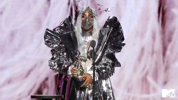 In this video grab issued Sunday, Aug. 30, 2020, by MTV, Lady Gaga accepts the Tricon award during the MTV Video Music Awards. (MTV via AP)