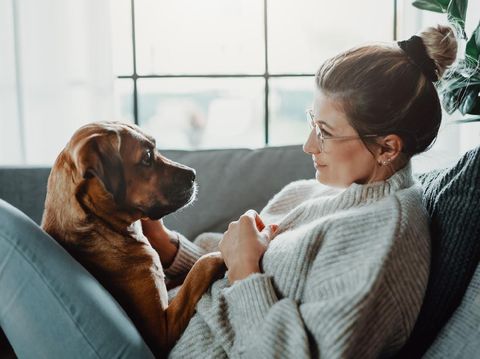 Woman cuddles, plays with her dog at home because of the corona virus pandemic covid-19