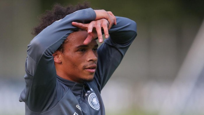 STUTTGART, GERMANY - AUGUST 31:  Leroy Sane of Germany looks on during a training session at ADM-Sportpark on August 31, 2020 in Stuttgart, Germany. Germany will face Spain in their UEFA Nations League group stage match on September 3, 2020. (Photo by Christian Kaspar-Bartke/Getty Images)