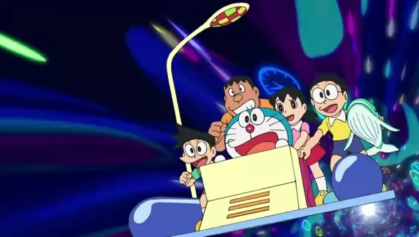 Doraemon dan kawan-kawan di mesin waktu.