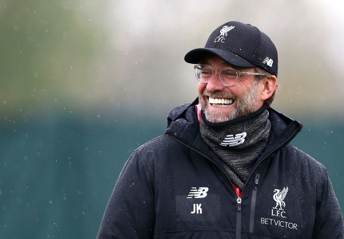 LIVERPOOL, ENGLAND - APRIL 16: Jurgen Klopp, Manager of Liverpool reacts as he watches his team train during the Liverpool training session on the eve of the UEFA Champions League Quarter Final Second Leg match between Liverpool and Porto at Melwood Training Centre on April 16, 2019 in Liverpool, England. (Photo by Jan Kruger/Getty Images)